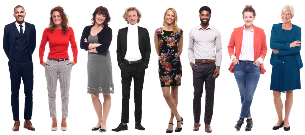 Different diverse people men women clothes business casual style styling