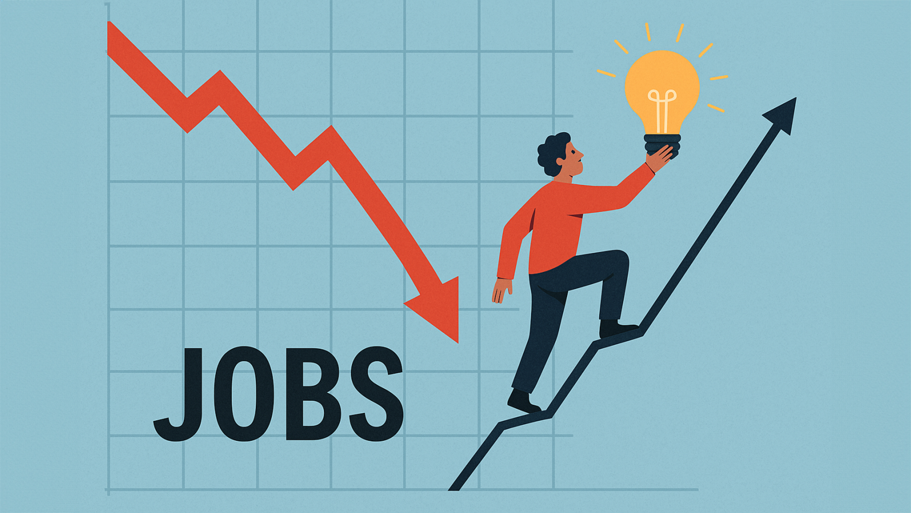 Rückgang an Stellenausschreibungen in Form einer sinkenden Diagrammkurve mit Aufschrift Jobs zu sehen, Mann, der mit Glühbirne in der Hand rechts einen steigenden Pfad nach oben besteigt