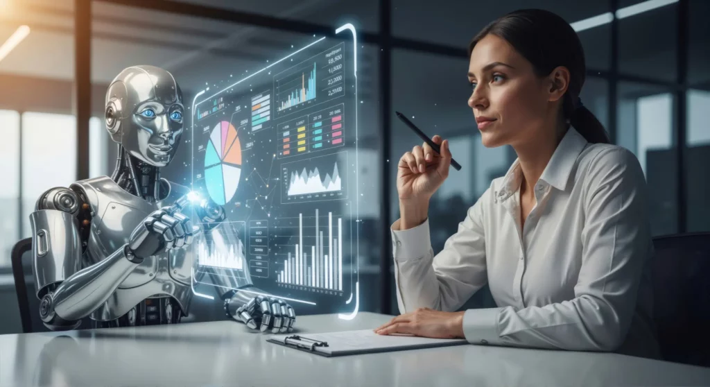 Roboter und Frau am Schreibtisch