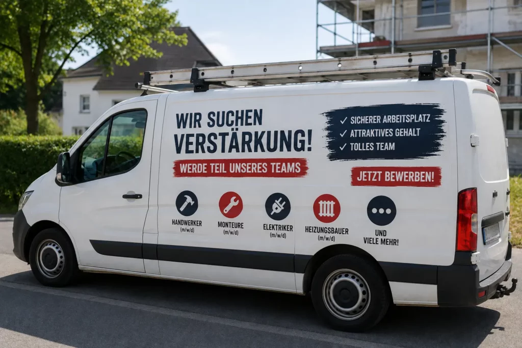 Handwerkerauto mit Werbung um neuen Mitarbeiter